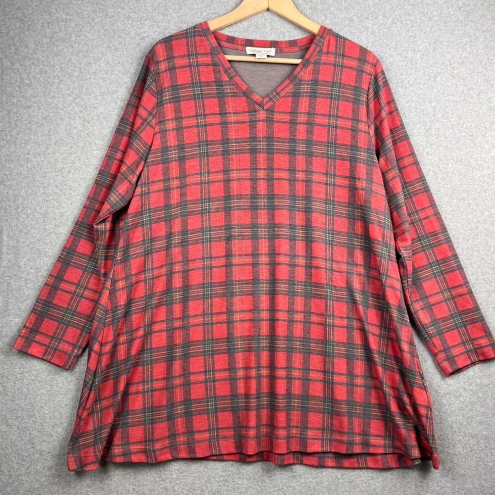 Coldwater Creek Tunic Top Womens XL Red Plaid V Neck Long Sleeve Fall USA Made